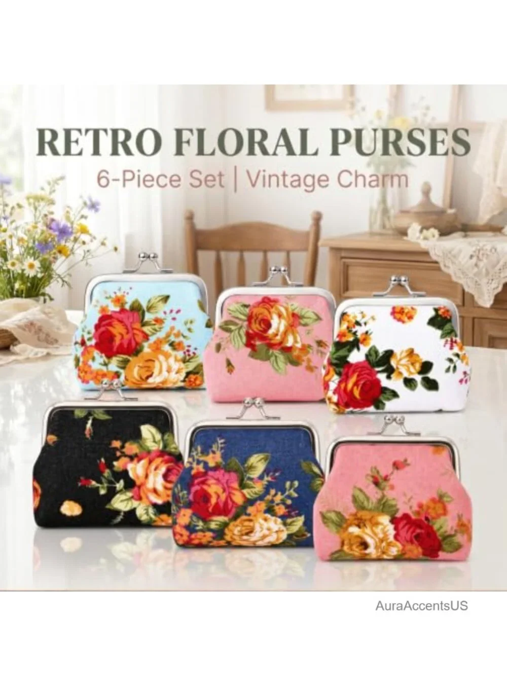 Vintage Kiss Lock Coin Purse Set of 6 Floral Small Change Wallet
